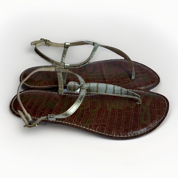 Sam Edelman Gigi Gold Sandals Size 9.5 Thong Slingback Flat Faux Crocodile - Picture 2 of 10